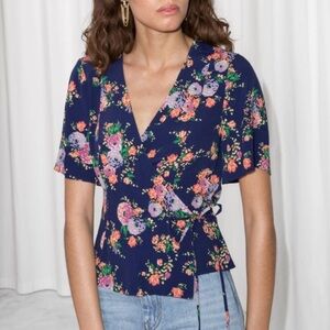 & Other Stories Navy Floral Wrap Blouse